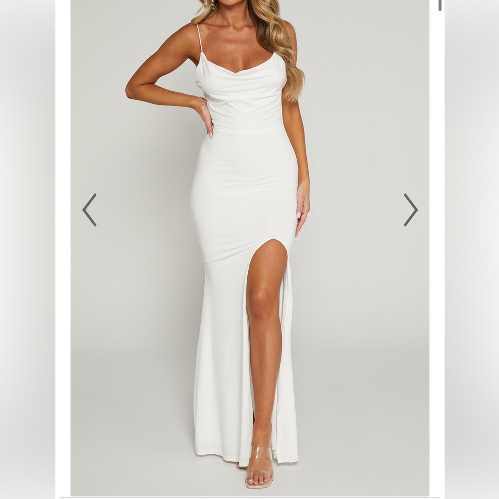 Showpo Tasteful Midi Dress - Cowl Neck Bodycon Thigh Split Dress In White